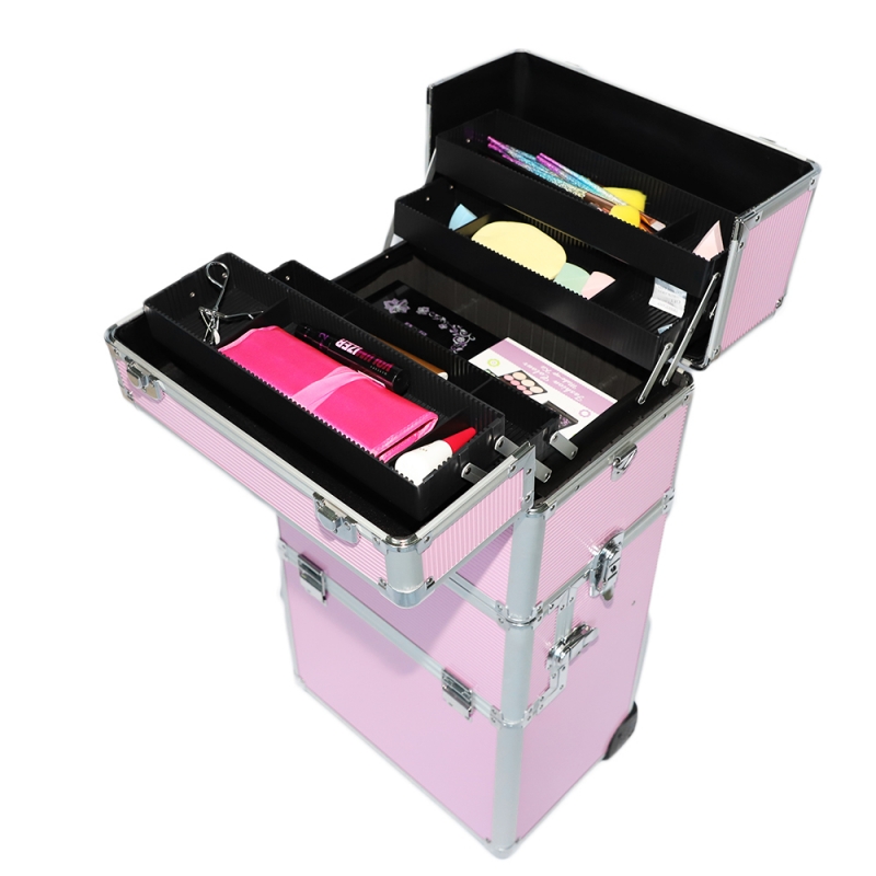 3in1 Makeup Train Case Aluminum Cosmetic Rolling Wheeled Box Pink