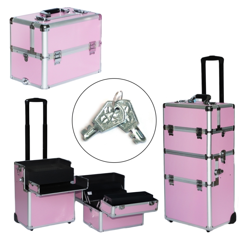 3in1 Makeup Train Case Aluminum Cosmetic Rolling Wheeled Box Pink