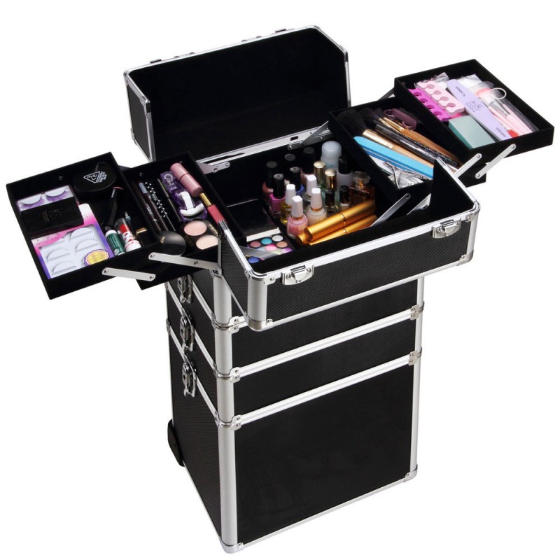 4 in 1 Aluminum Rolling Makeup Trolley Train Case Box Organizer Salon