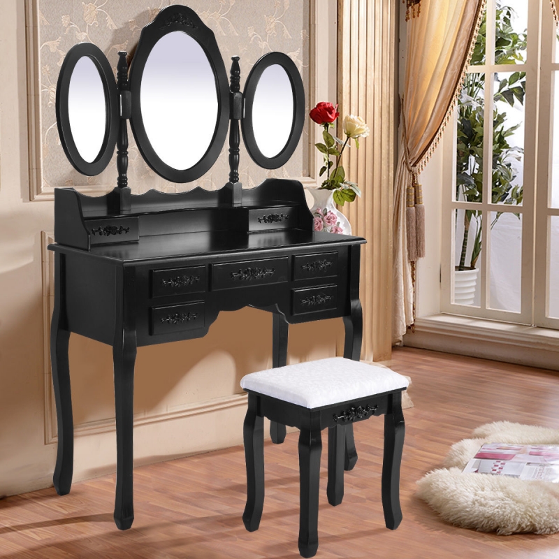 Tri Folding Oval Mirror Wood Vanity Dressing Table Set with Stool & 7 Drawers Black Alimart