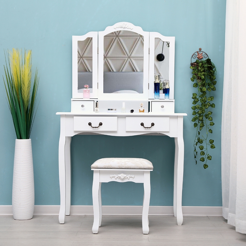 Tri Folding Mirror Vanity Dressing Table Stool Set W/4 Drawers White Alimart
