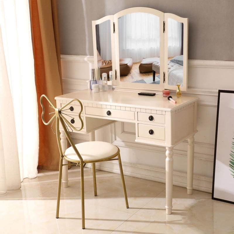 Makeup Table Vanity Set Trifolding Mirror Dressing Dresser w/ Bench 5