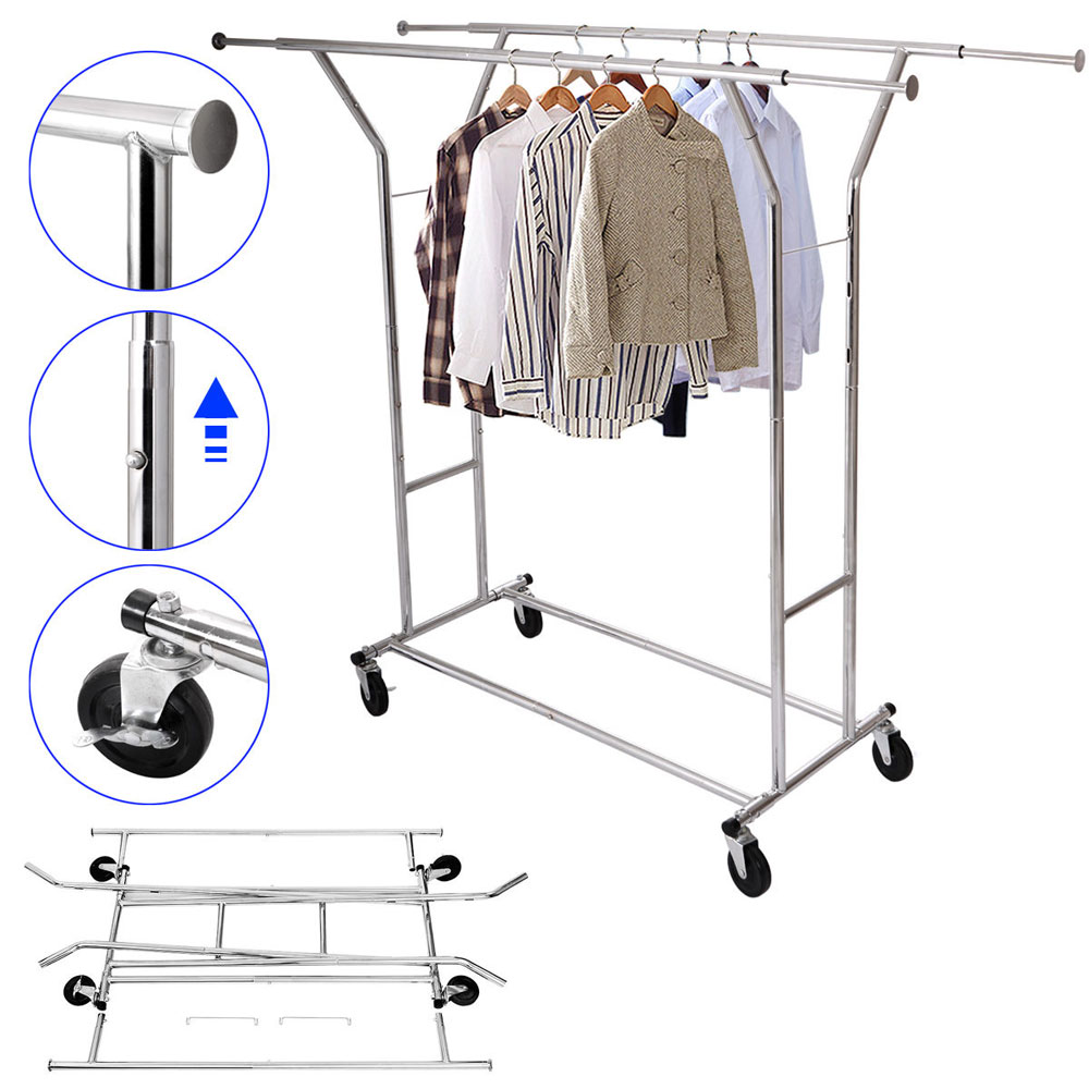 New Portable Double Garment Rack Hanger Holder Grade Adjustable