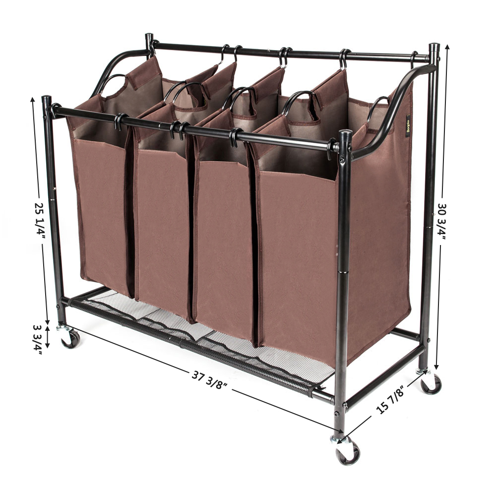 New Laundry Sorter 4 Section Basket Bar Hamper Bin Cart Rolling Washing